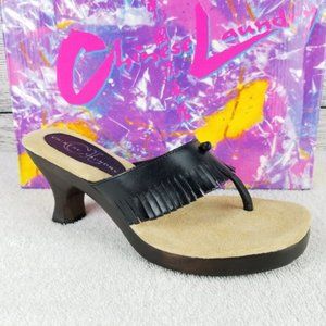 NEW CL Thong Heeled Sandal Fringed Leather Black